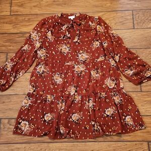 Luxology women's XL ruffled bronze floral print long sleeve dress